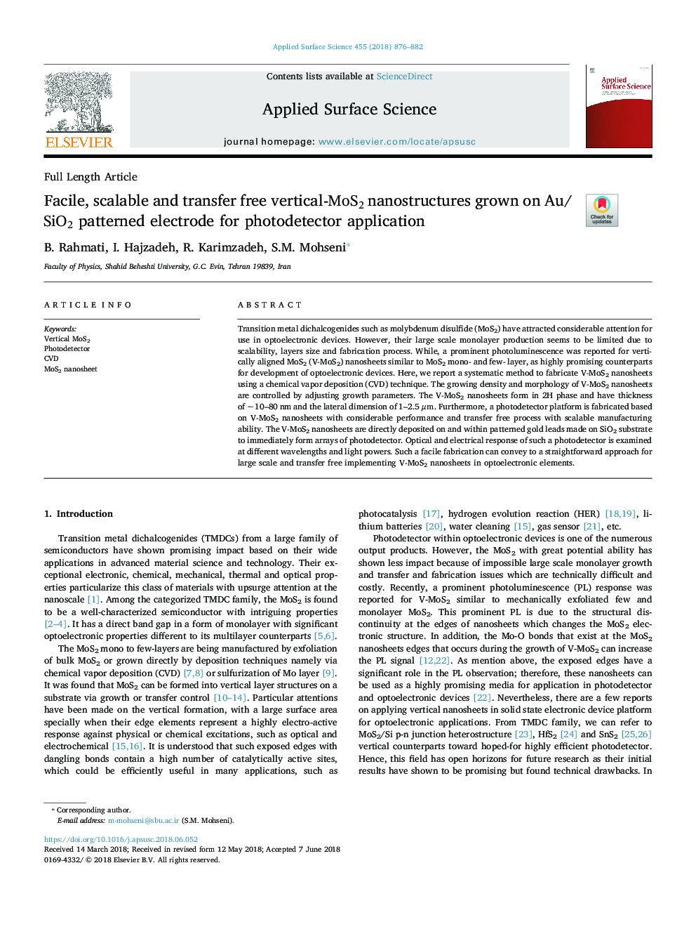 Facile, scalable and transfer free vertical-MoS2 nanostructures grown on Au/SiO2 patterned electrode for photodetector application