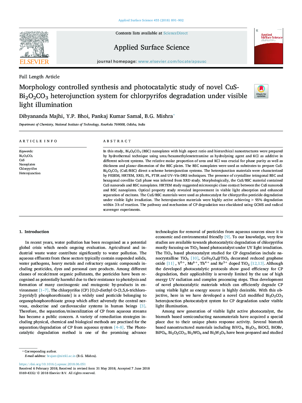 Morphology controlled synthesis and photocatalytic study of novel CuS-Bi2O2CO3 heterojunction system for chlorpyrifos degradation under visible light illumination