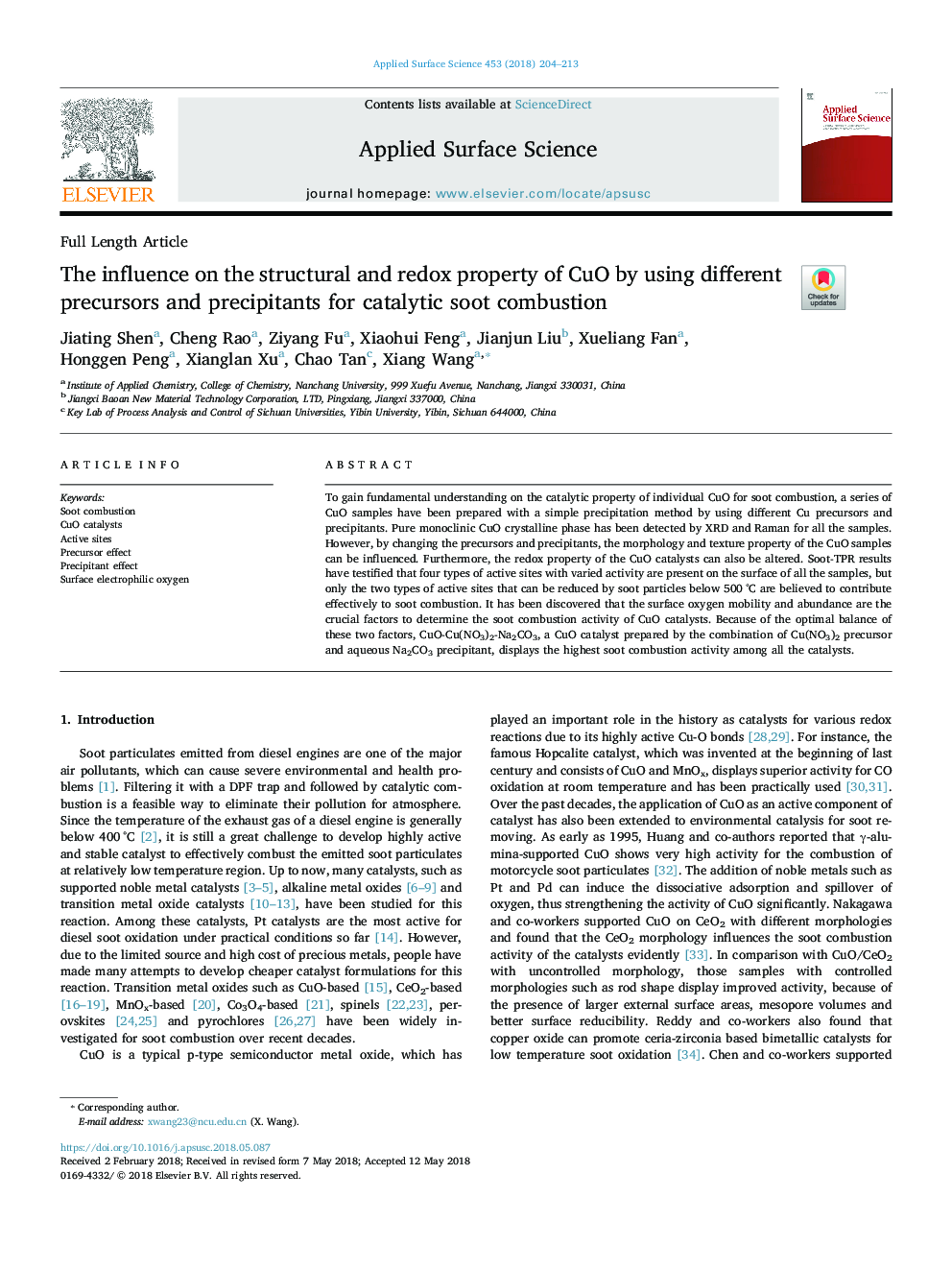The influence on the structural and redox property of CuO by using different precursors and precipitants for catalytic soot combustion