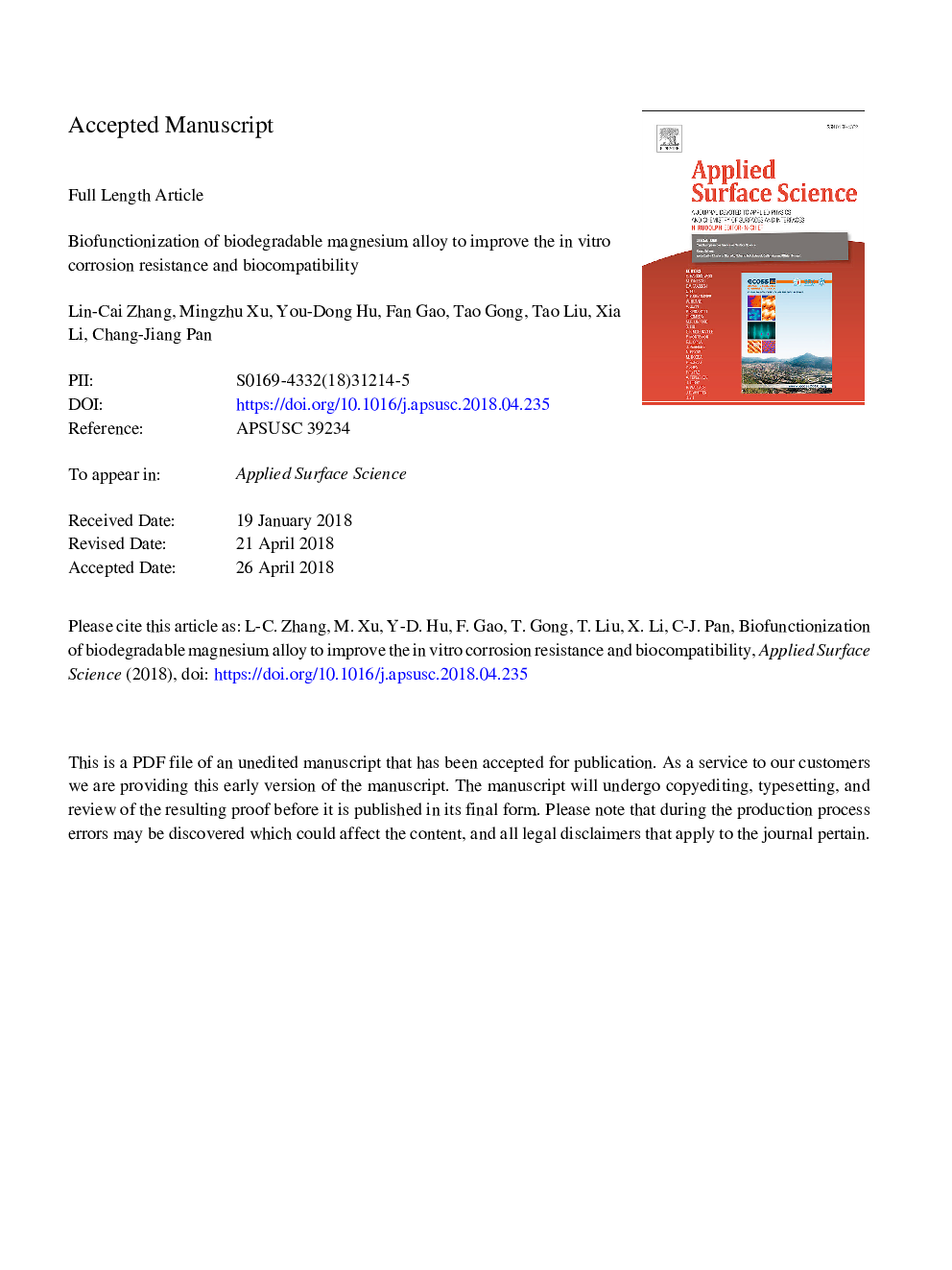 Biofunctionization of biodegradable magnesium alloy to improve the in vitro corrosion resistance and biocompatibility