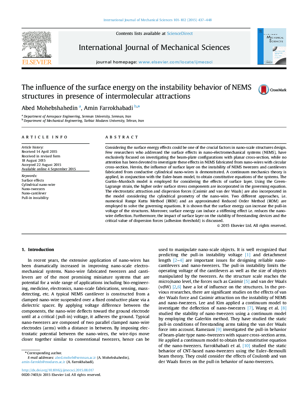 The influence of the surface energy on the instability behavior of NEMS structures in presence of intermolecular attractions