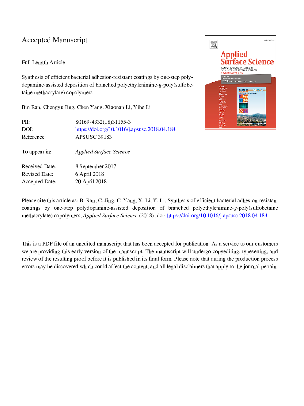 Synthesis of efficient bacterial adhesion-resistant coatings by one-step polydopamine-assisted deposition of branched polyethylenimine-g-poly(sulfobetaine methacrylate) copolymers