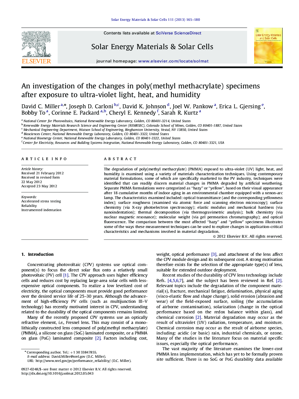 An investigation of the changes in poly(methyl methacrylate) specimens after exposure to ultra-violet light, heat, and humidity