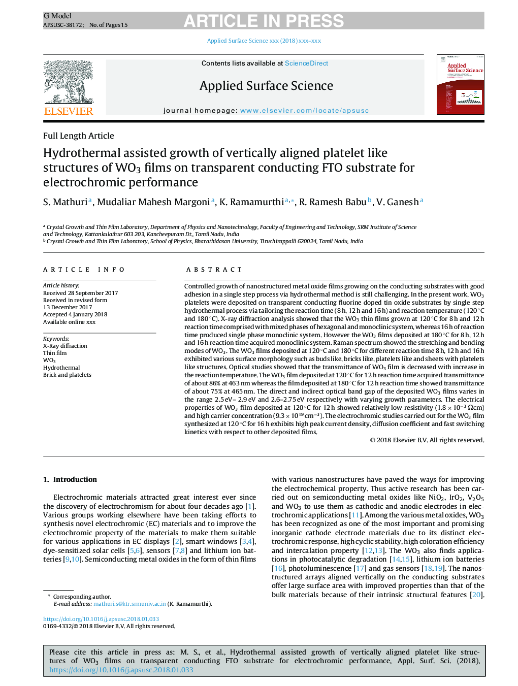 Hydrothermal assisted growth of vertically aligned platelet like structures of WO3 films on transparent conducting FTO substrate for electrochromic performance