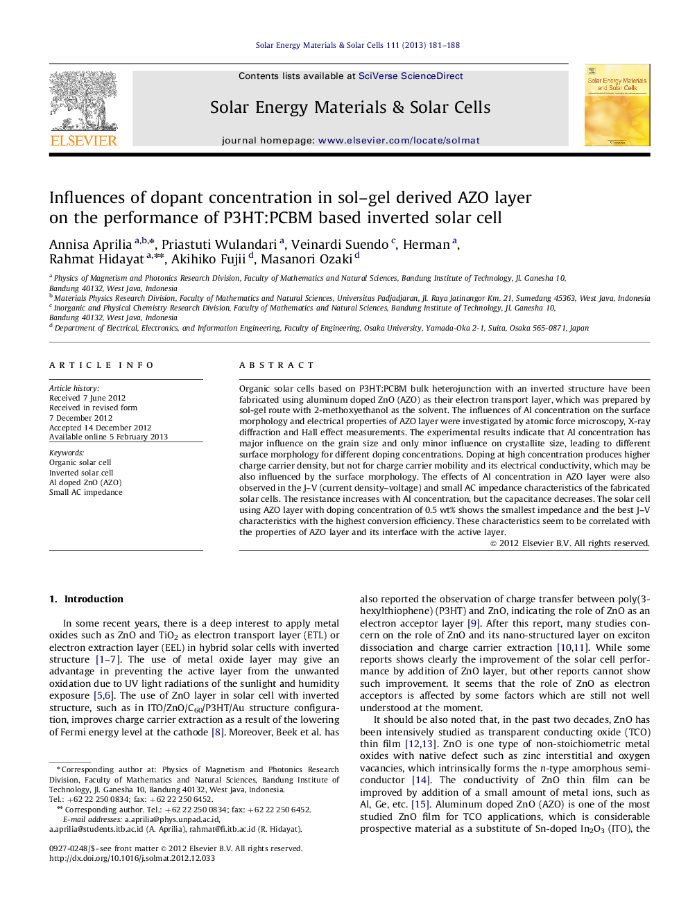 Influences of dopant concentration in sol–gel derived AZO layer on the performance of P3HT:PCBM based inverted solar cell