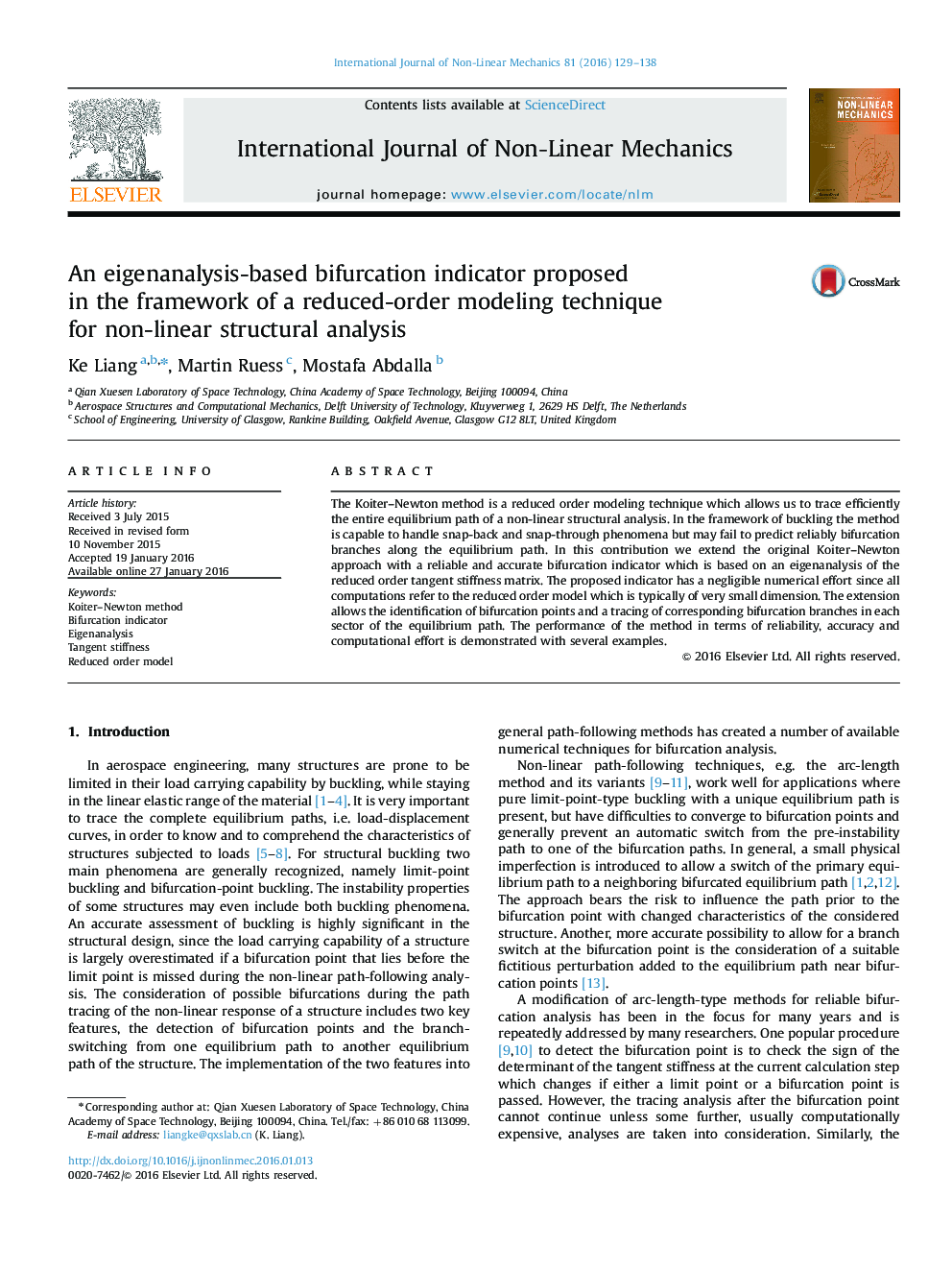 An eigenanalysis-based bifurcation indicator proposed in the framework of a reduced-order modeling technique for non-linear structural analysis