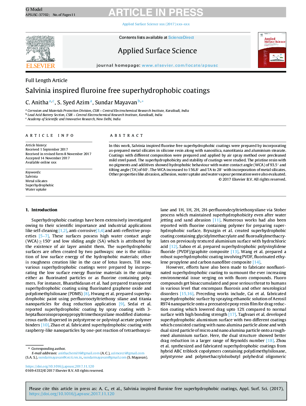 Salvinia inspired fluroine free superhydrophobic coatings