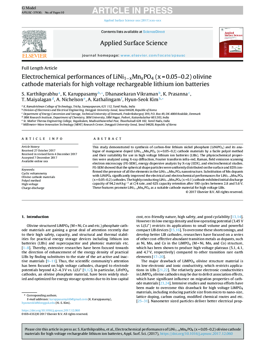 Electrochemical performances of LiNi1âxMnxPO4 (xâ¯=â¯0.05-0.2) olivine cathode materials for high voltage rechargeable lithium ion batteries