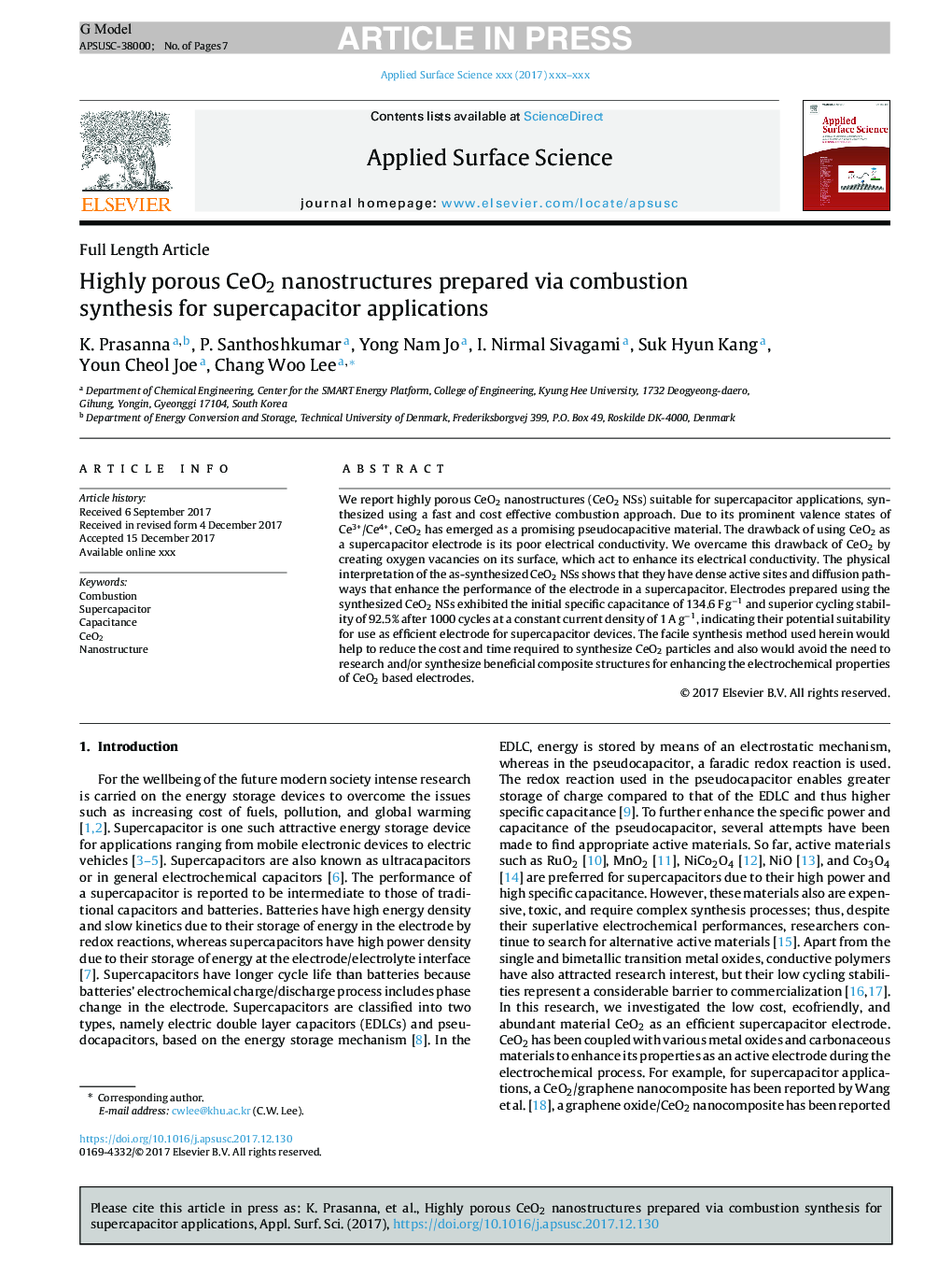 Highly porous CeO2 nanostructures prepared via combustion synthesis for supercapacitor applications