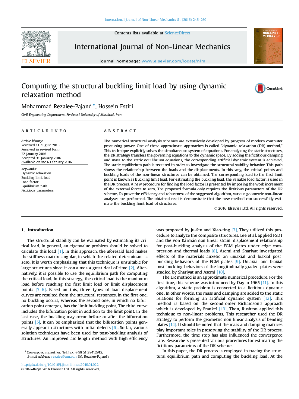 Computing the structural buckling limit load by using dynamic relaxation method