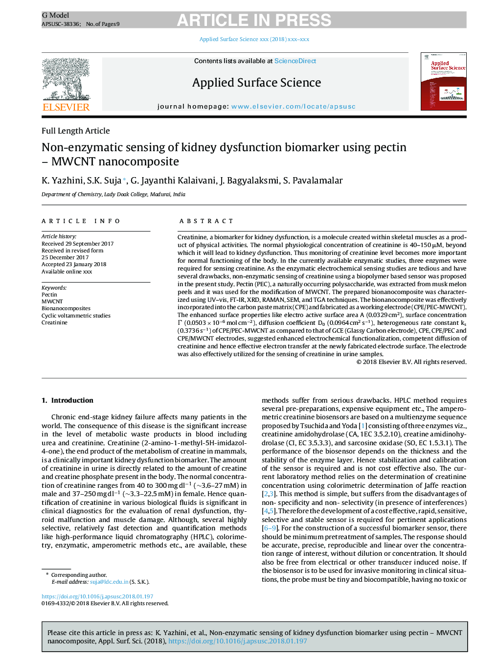 Non-enzymatic sensing of kidney dysfunction biomarker using pectin - MWCNT nanocomposite