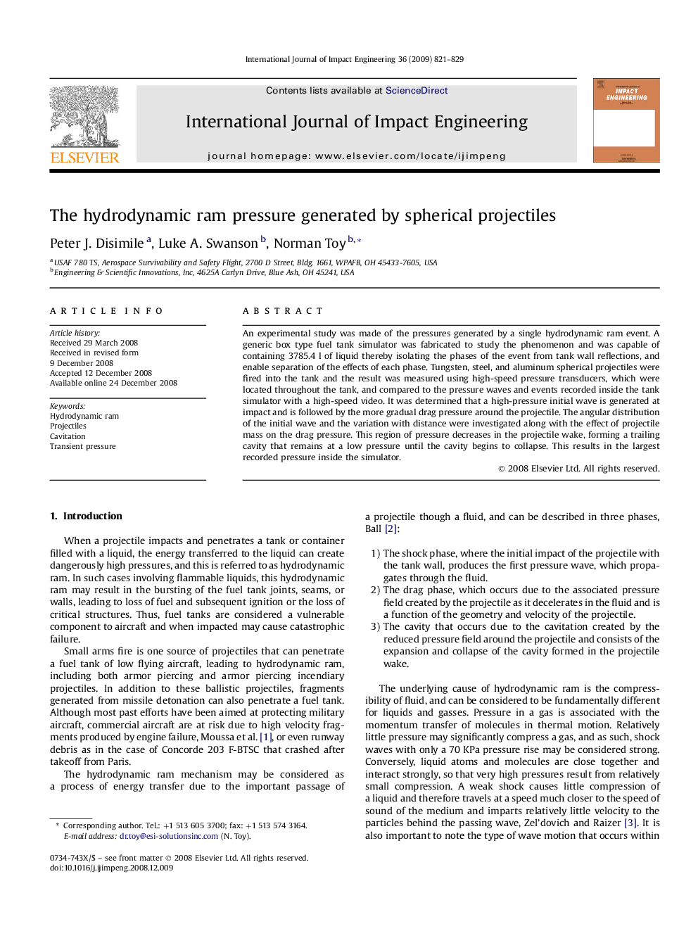 The hydrodynamic ram pressure generated by spherical projectiles