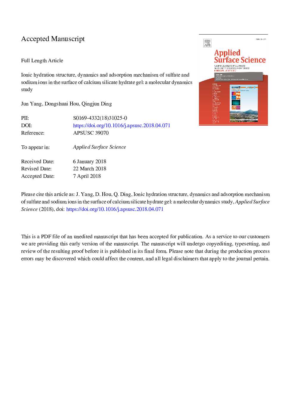 Ionic hydration structure, dynamics and adsorption mechanism of sulfate and sodium ions in the surface of calcium silicate hydrate gel: A molecular dynamics study