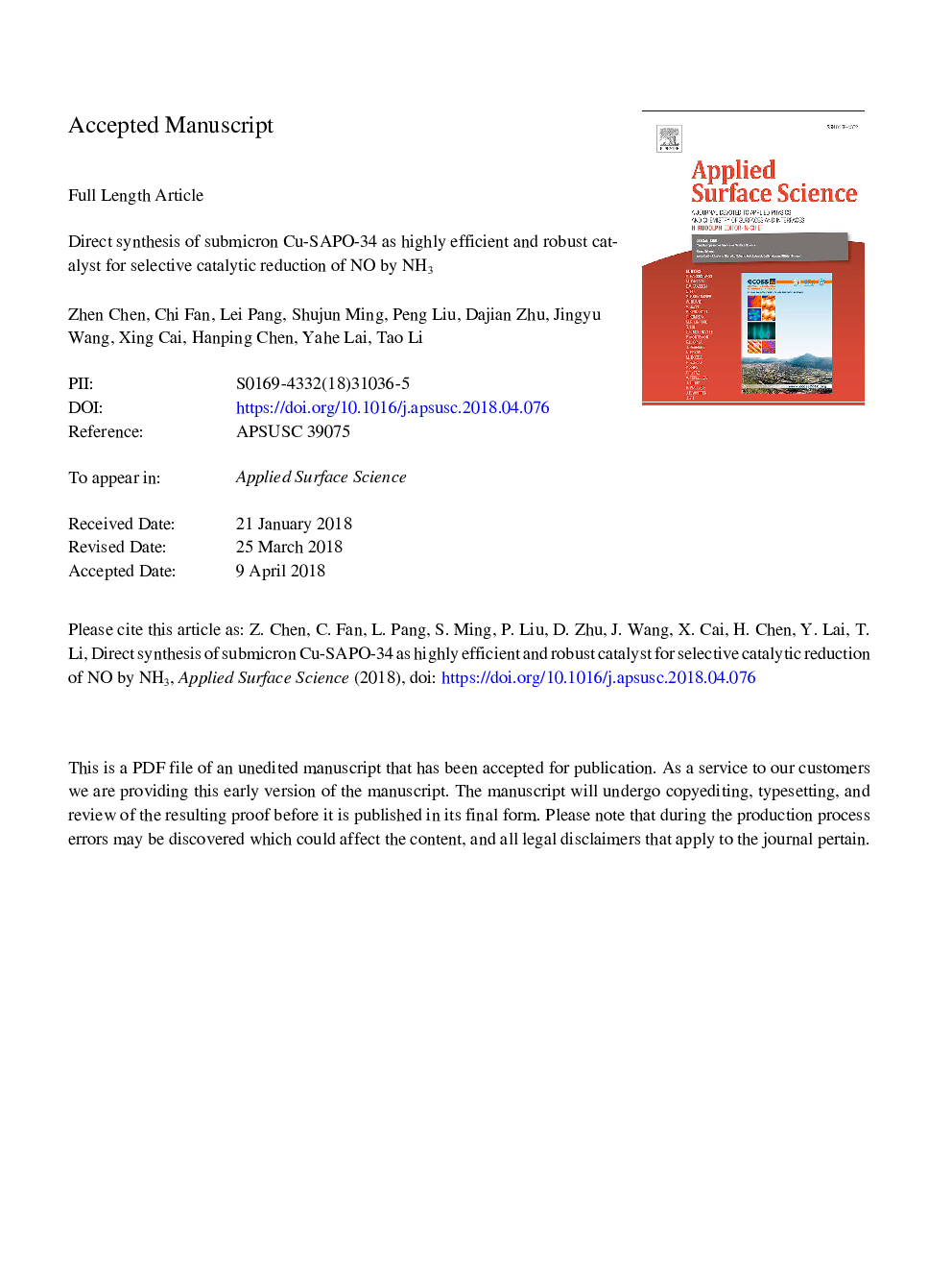 Direct synthesis of submicron Cu-SAPO-34 as highly efficient and robust catalyst for selective catalytic reduction of NO by NH3