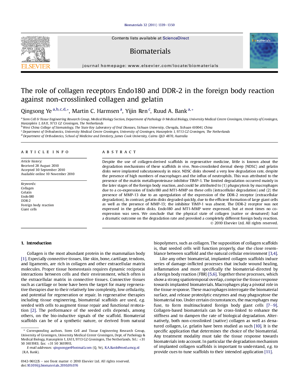 The role of collagen receptors Endo180 and DDR-2 in the foreign body reaction against non-crosslinked collagen and gelatin