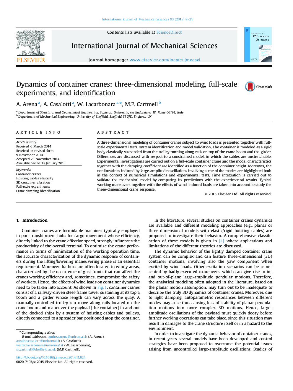 Dynamics of container cranes: three-dimensional modeling, full-scale experiments, and identification