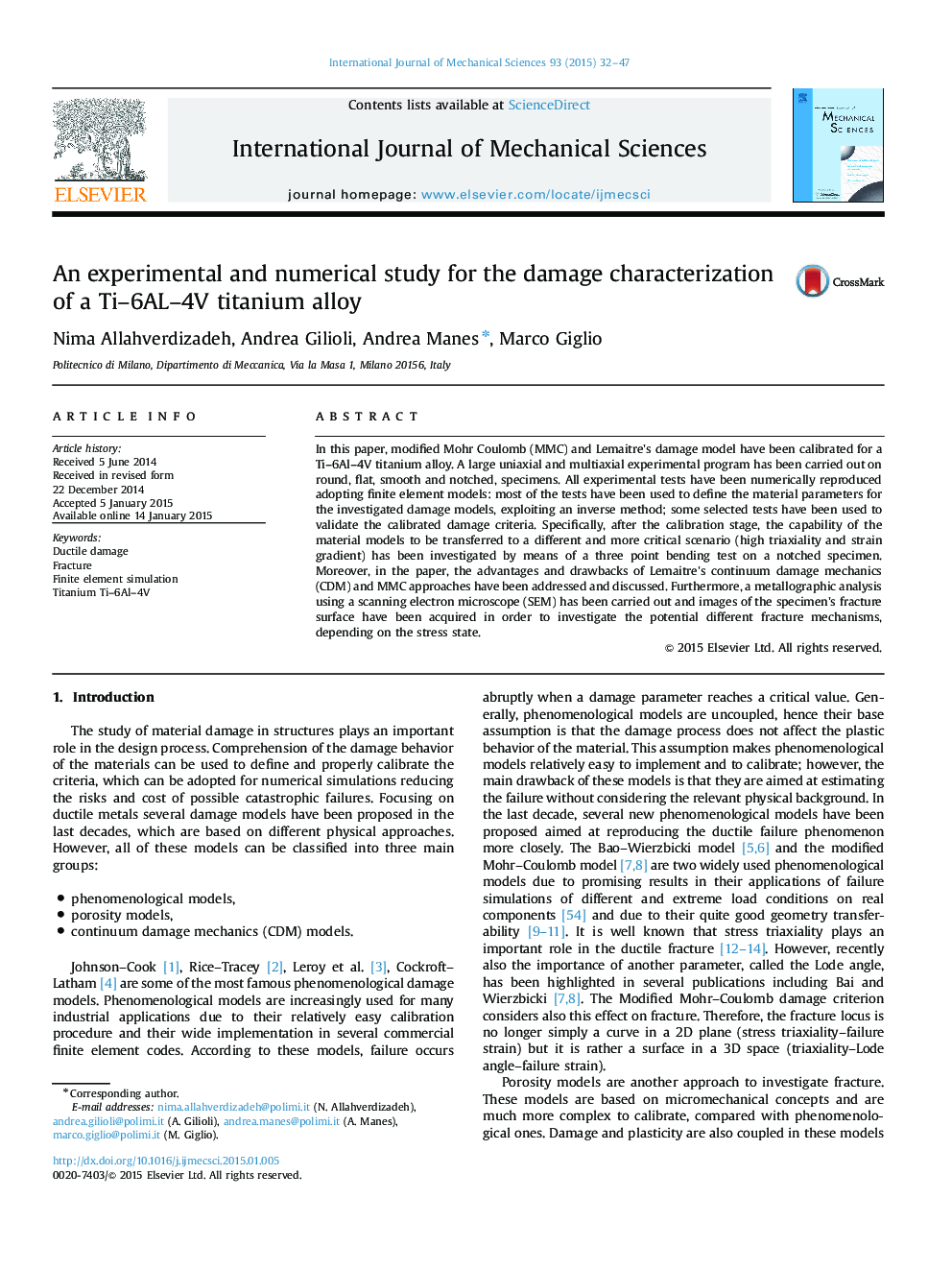 An experimental and numerical study for the damage characterization of a Ti–6AL–4V titanium alloy