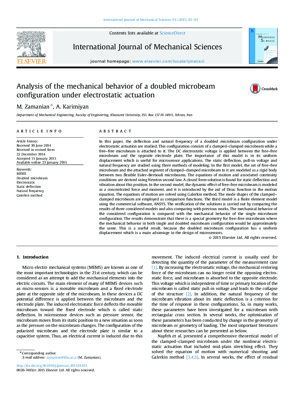 Analysis of the mechanical behavior of a doubled microbeam configuration under electrostatic actuation