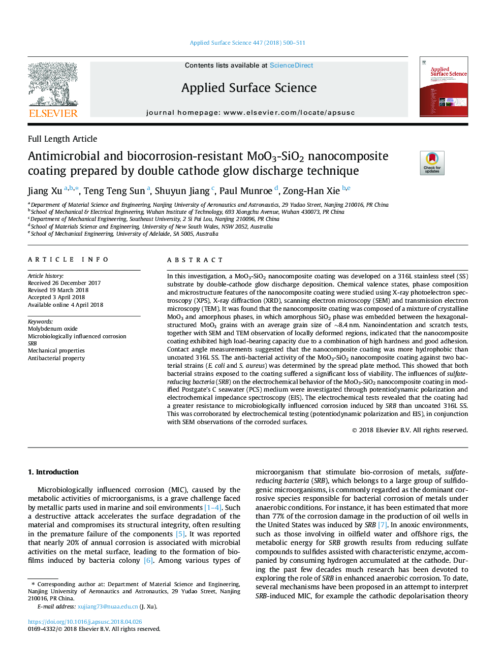 Antimicrobial and biocorrosion-resistant MoO3-SiO2 nanocomposite coating prepared by double cathode glow discharge technique