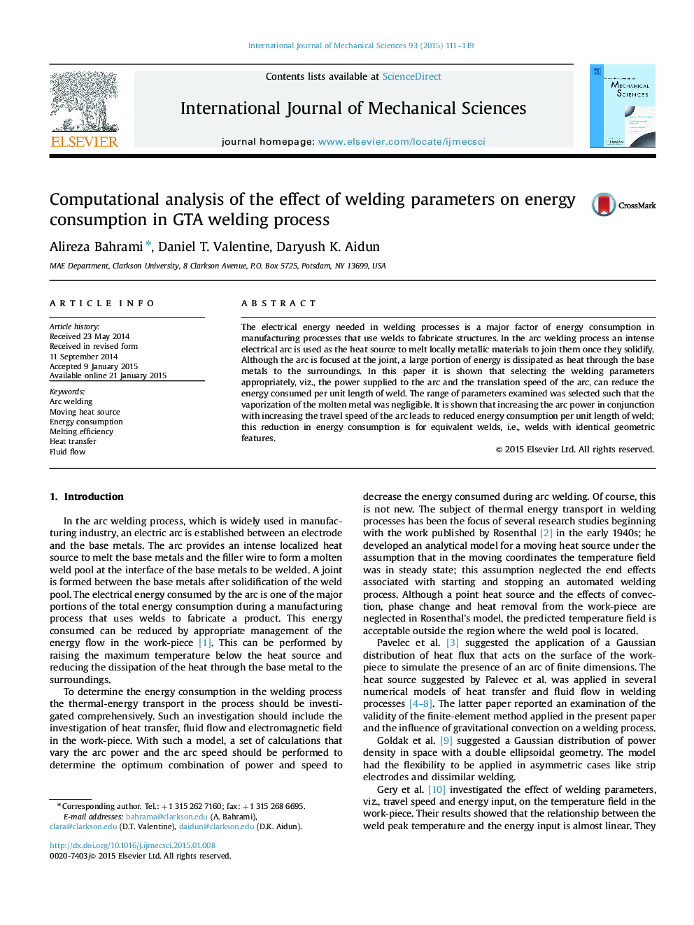 Computational analysis of the effect of welding parameters on energy consumption in GTA welding process