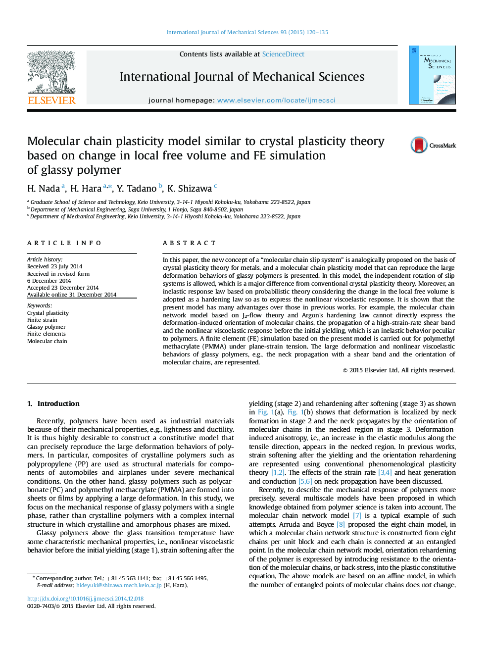 Molecular chain plasticity model similar to crystal plasticity theory based on change in local free volume and FE simulation of glassy polymer