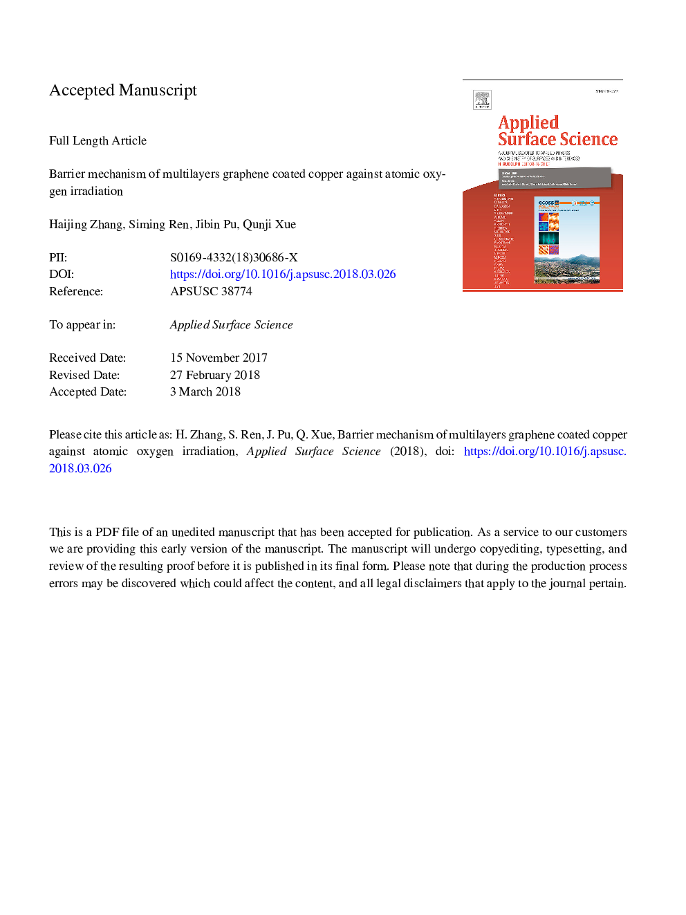 Barrier mechanism of multilayers graphene coated copper against atomic oxygen irradiation