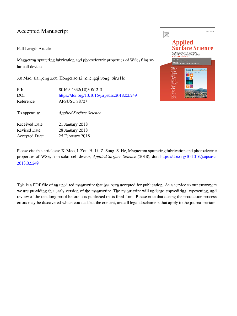 Magnetron sputtering fabrication and photoelectric properties of WSe2 film solar cell device