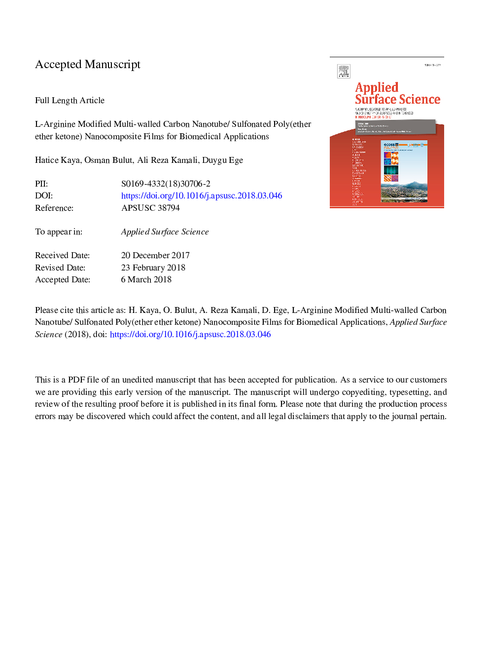 l-Arginine modified multi-walled carbon nanotube/sulfonated poly(ether ether ketone) nanocomposite films for biomedical applications