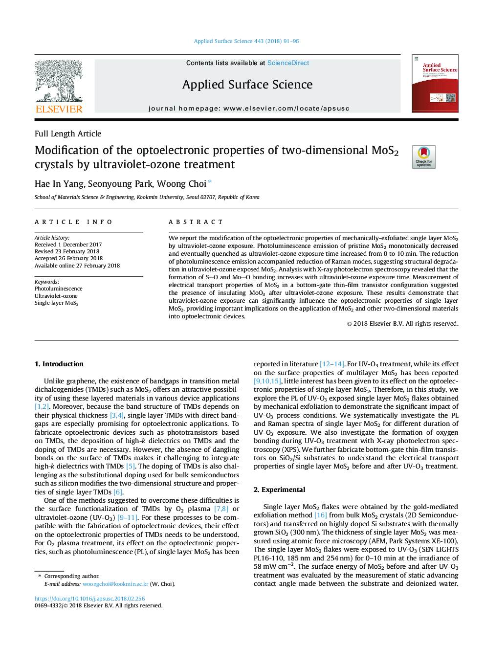 عکس صفحه اول مقاله: Modification of the optoelectronic properties of two-dimensional MoS2 crystals by ultraviolet-ozone treatment Modification of the optoelectronic properties of two-dimensional MoS2 crystals by ultraviolet-ozone treatment