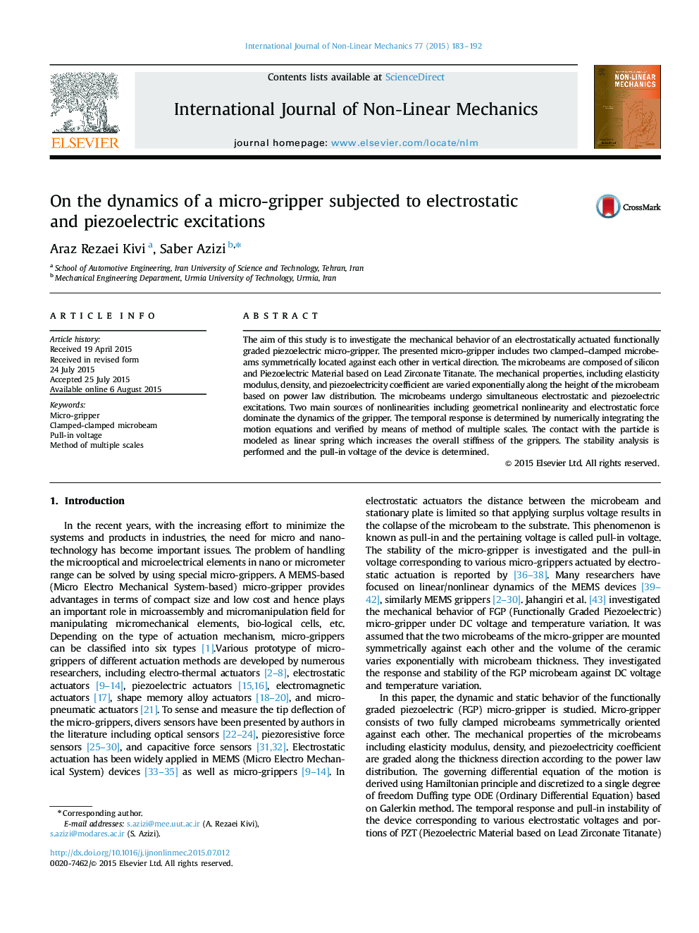 On the dynamics of a micro-gripper subjected to electrostatic and piezoelectric excitations