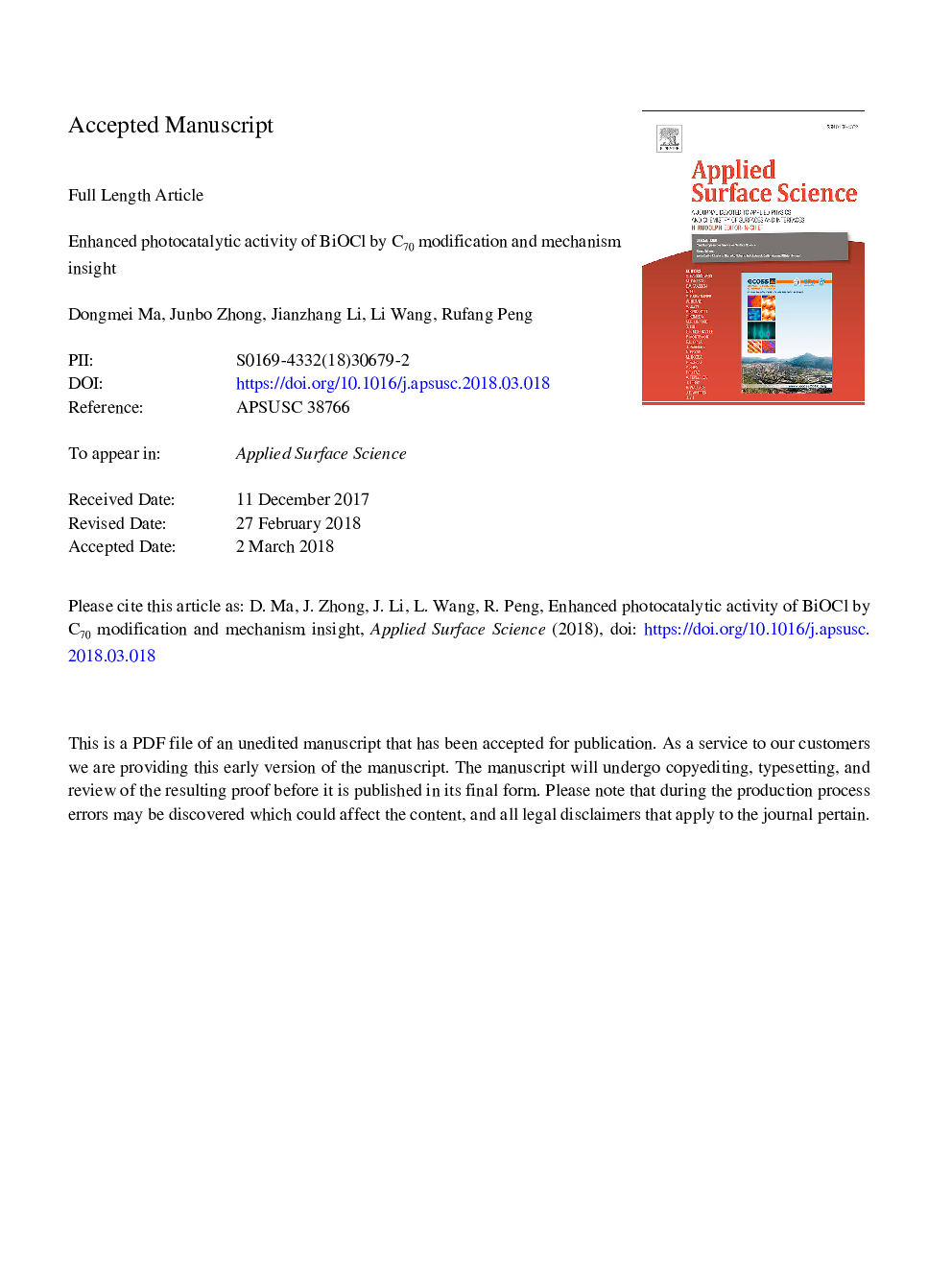 Enhanced photocatalytic activity of BiOCl by C70 modification and mechanism insight