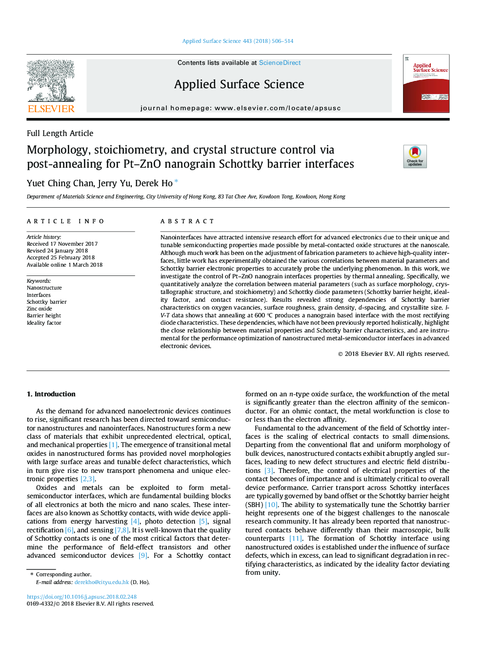 Morphology, stoichiometry, and crystal structure control via post-annealing for Pt-ZnO nanograin Schottky barrier interfaces