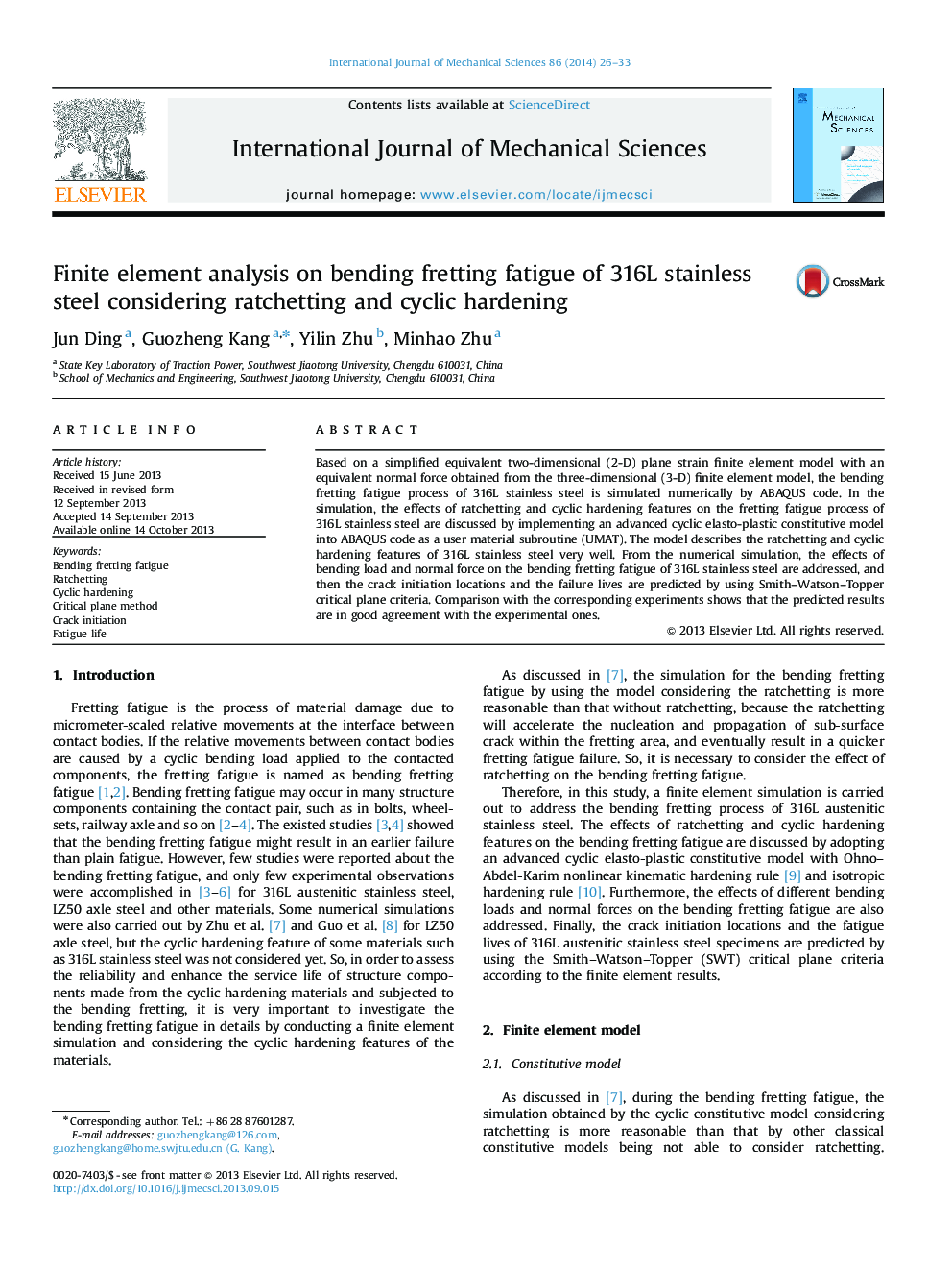 Finite element analysis on bending fretting fatigue of 316L stainless steel considering ratchetting and cyclic hardening