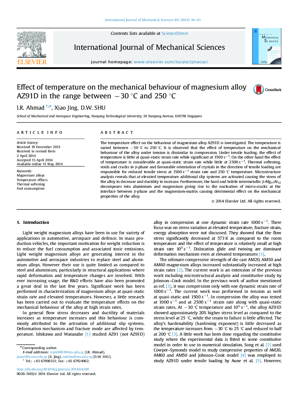 Effect of temperature on the mechanical behaviour of magnesium alloy AZ91D in the range between −30 °C and 250 °C