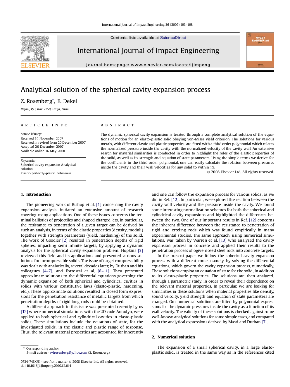 Analytical solution of the spherical cavity expansion process