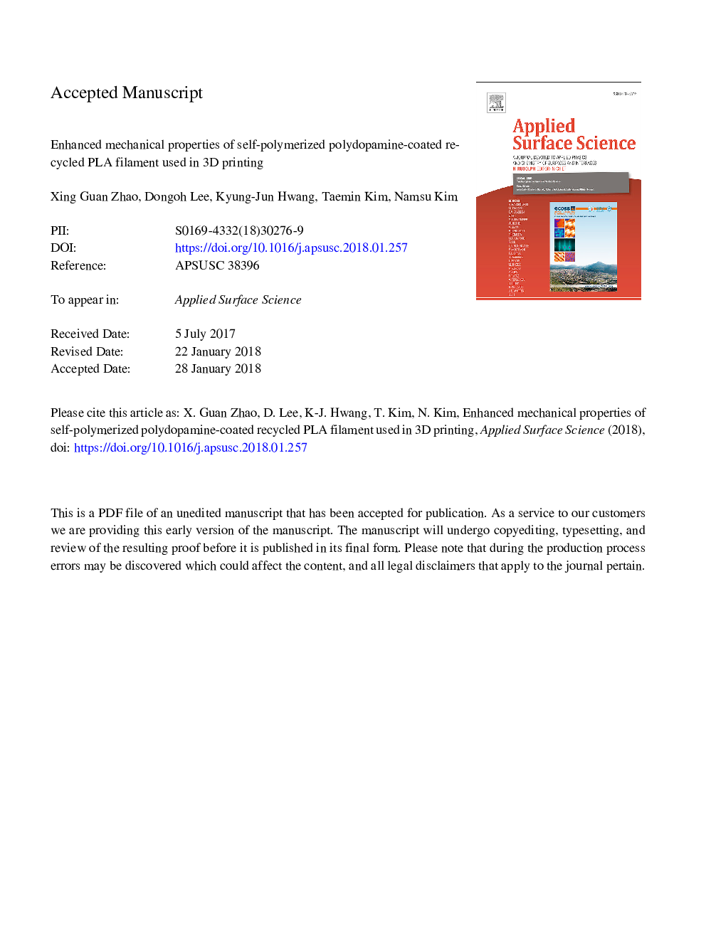 Enhanced mechanical properties of self-polymerized polydopamine-coated recycled PLA filament used in 3D printing