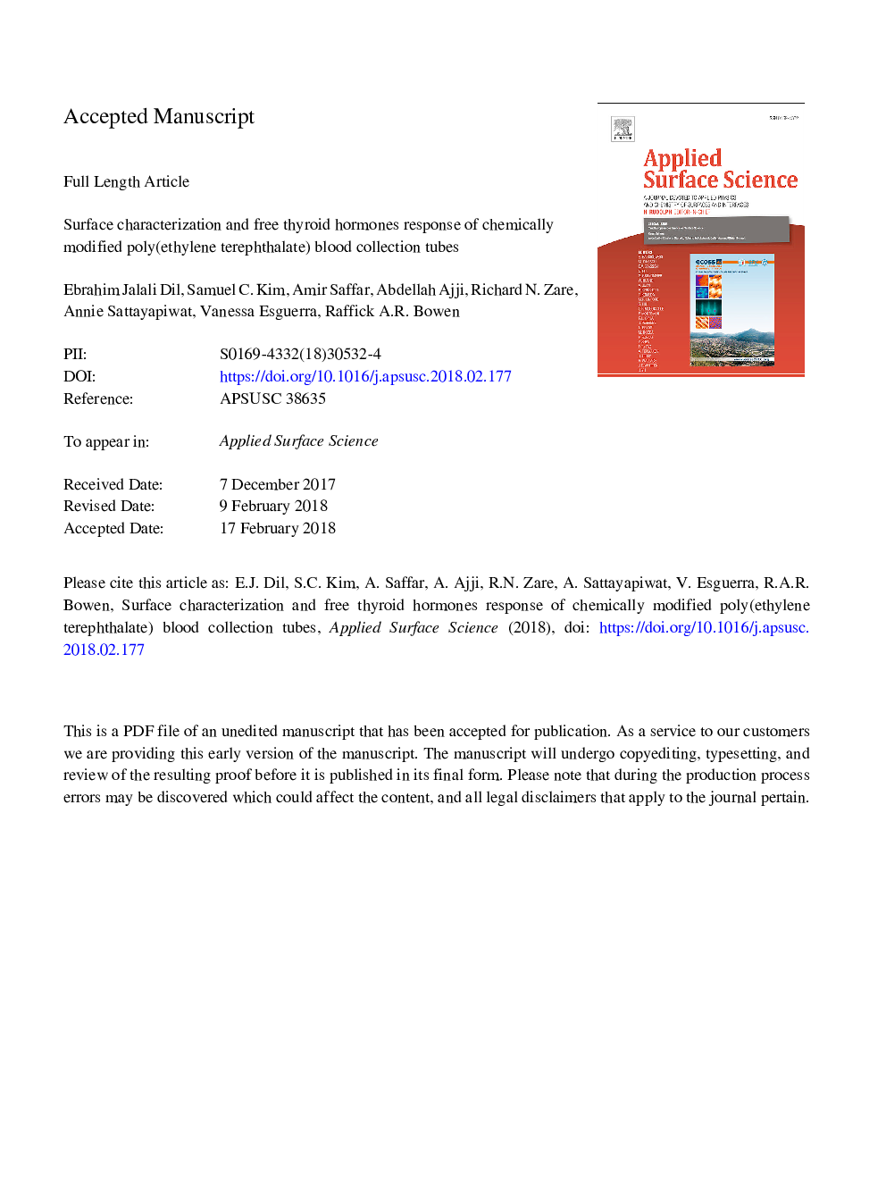 Surface characterization and free thyroid hormones response of chemically modified poly(ethylene terephthalate) blood collection tubes