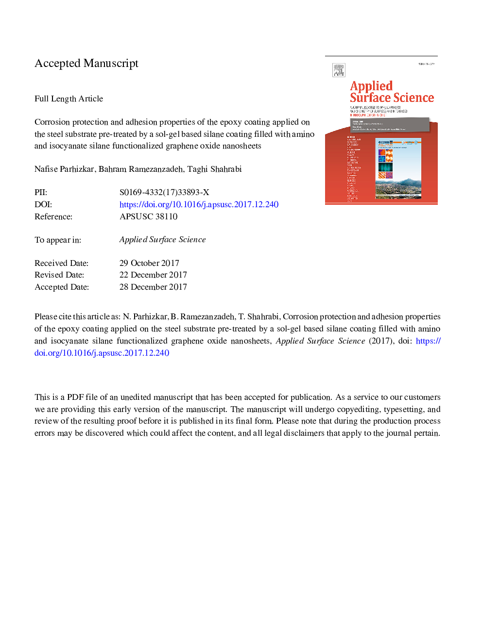 Corrosion protection and adhesion properties of the epoxy coating applied on the steel substrate pre-treated by a sol-gel based silane coating filled with amino and isocyanate silane functionalized graphene oxide nanosheets