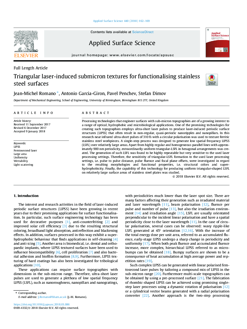 Triangular laser-induced submicron textures for functionalising stainless steel surfaces