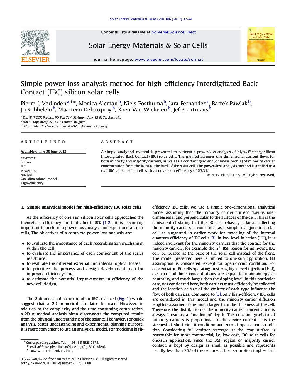 Simple power-loss analysis method for high-efficiency Interdigitated Back Contact (IBC) silicon solar cells