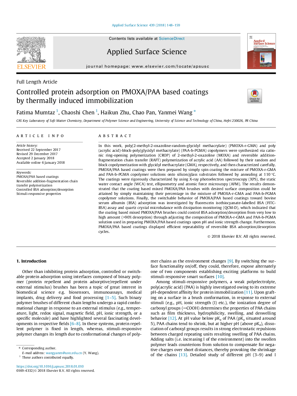 Controlled protein adsorption on PMOXA/PAA based coatings by thermally induced immobilization