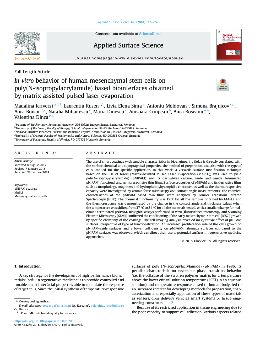 In vitro behavior of human mesenchymal stem cells on poly(N-isopropylacrylamide) based biointerfaces obtained by matrix assisted pulsed laser evaporation