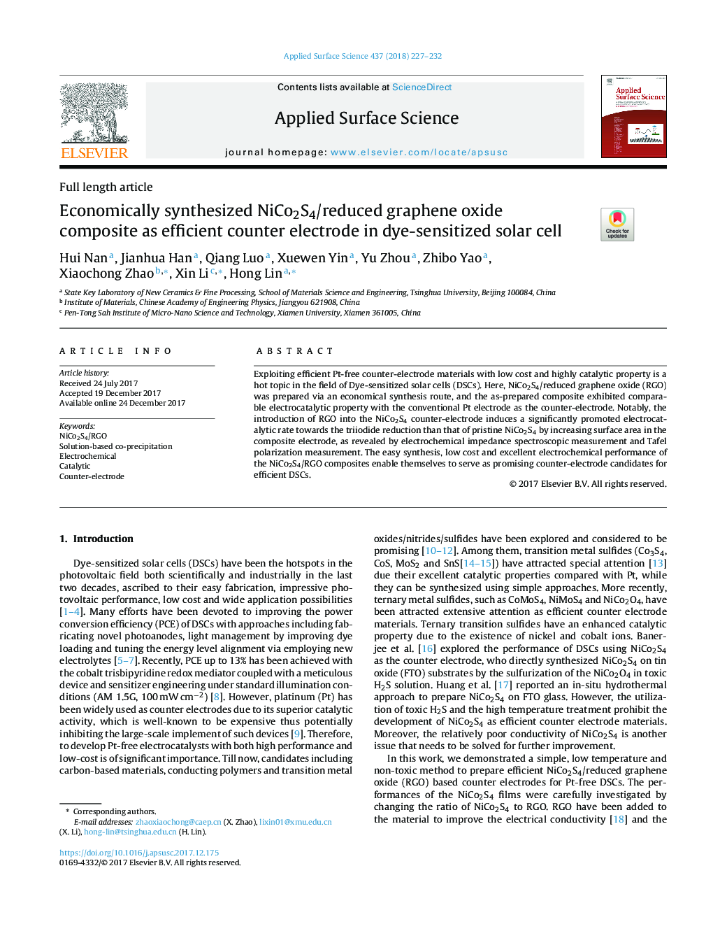 Economically synthesized NiCo2S4/reduced graphene oxide composite as efficient counter electrode in dye-sensitized solar cell