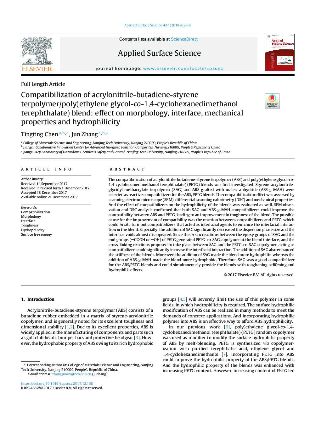 Compatibilization of acrylonitrile-butadiene-styrene terpolymer/poly(ethylene glycol-co-1,4-cyclohexanedimethanol terephthalate) blend: effect on morphology, interface, mechanical properties and hydrophilicity