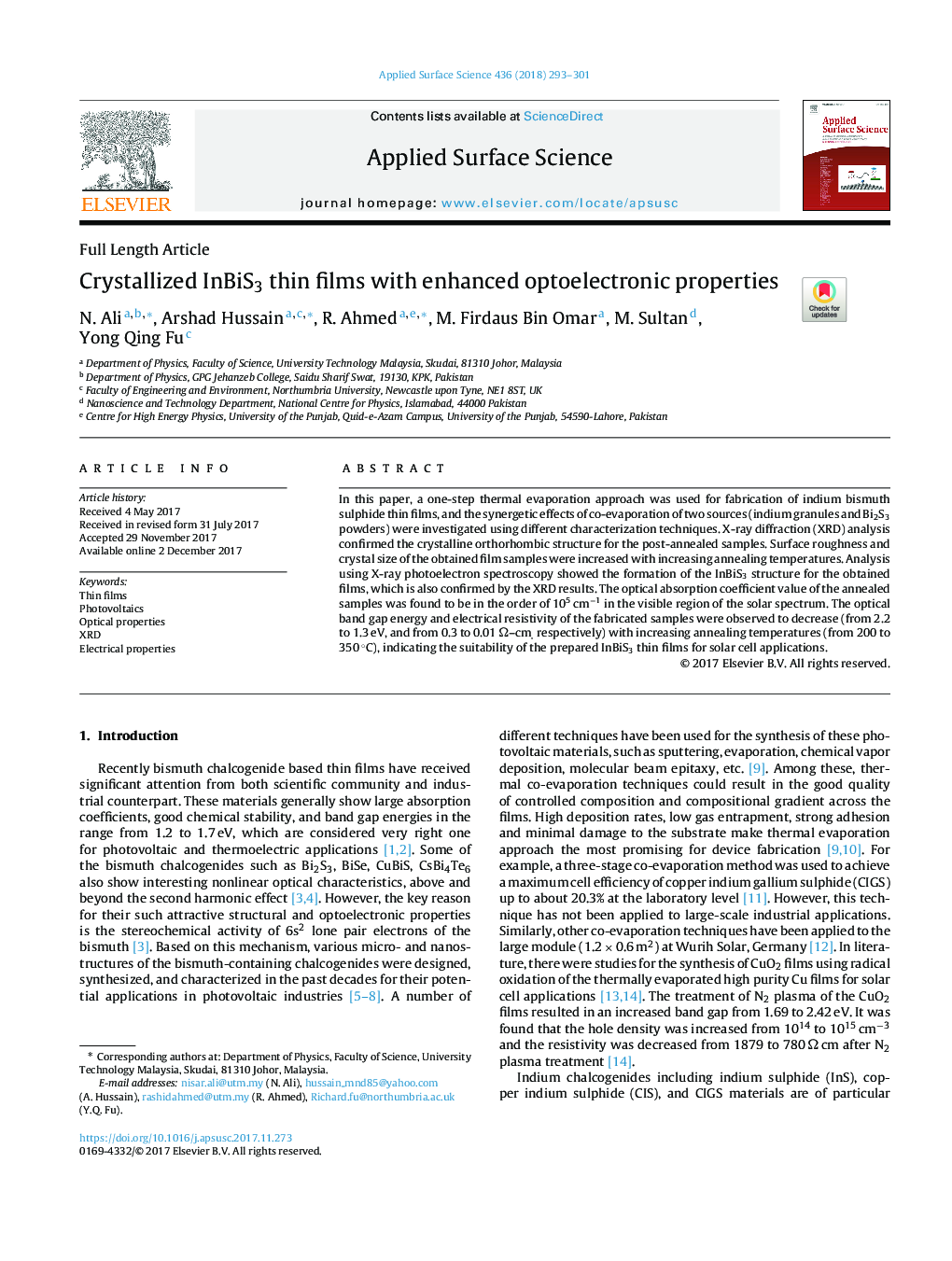 عکس صفحه اول مقاله: Crystallized InBiS3 thin films with enhanced optoelectronic properties Crystallized InBiS3 thin films with enhanced optoelectronic properties