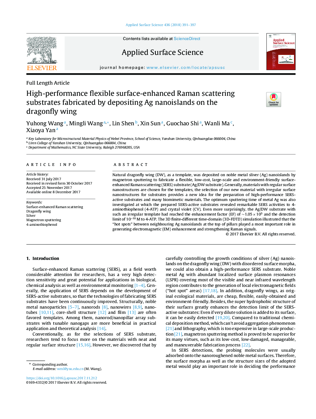 High-performance flexible surface-enhanced Raman scattering substrates fabricated by depositing Ag nanoislands on the dragonfly wing