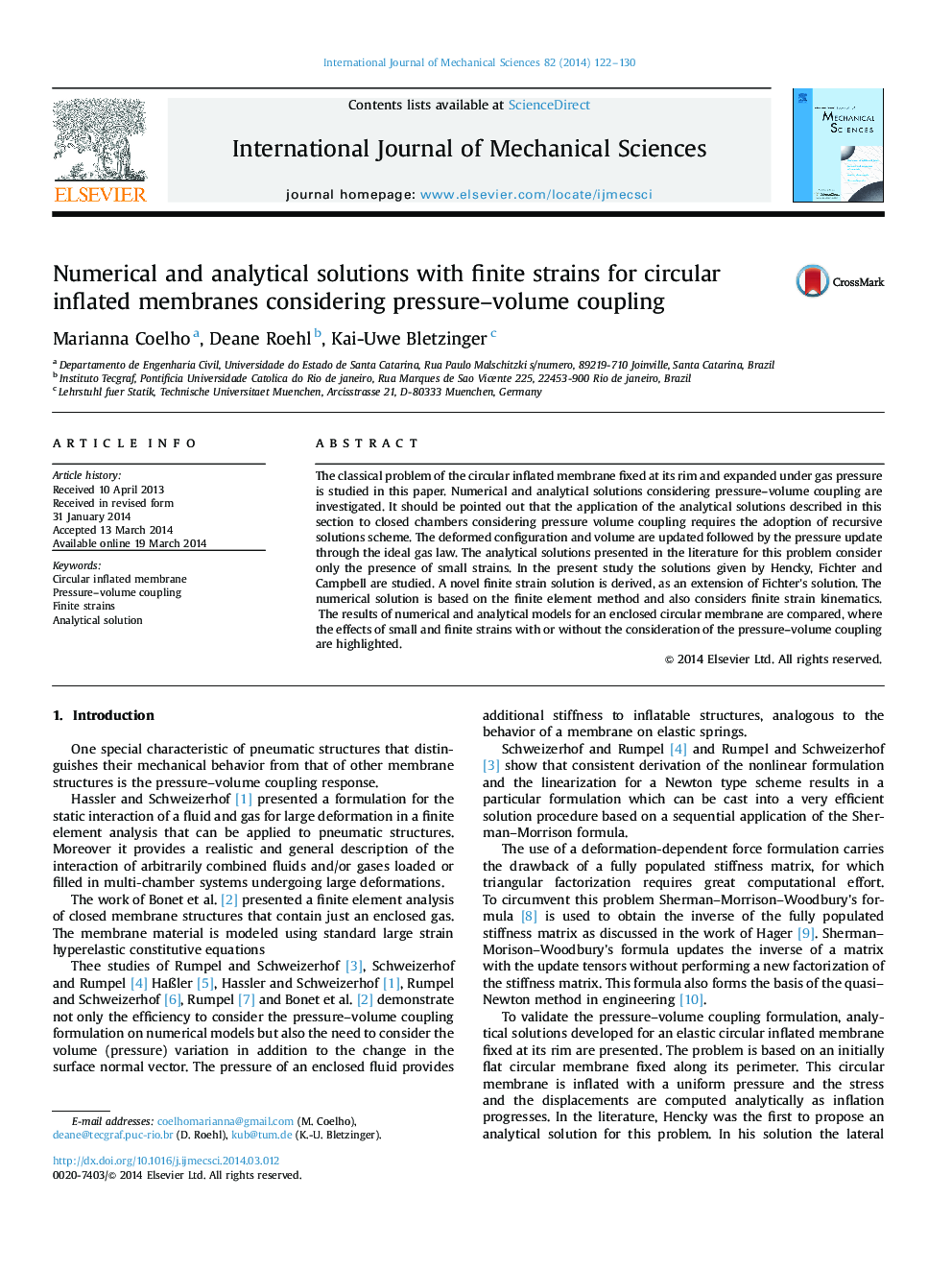 Numerical and analytical solutions with finite strains for circular inflated membranes considering pressure–volume coupling