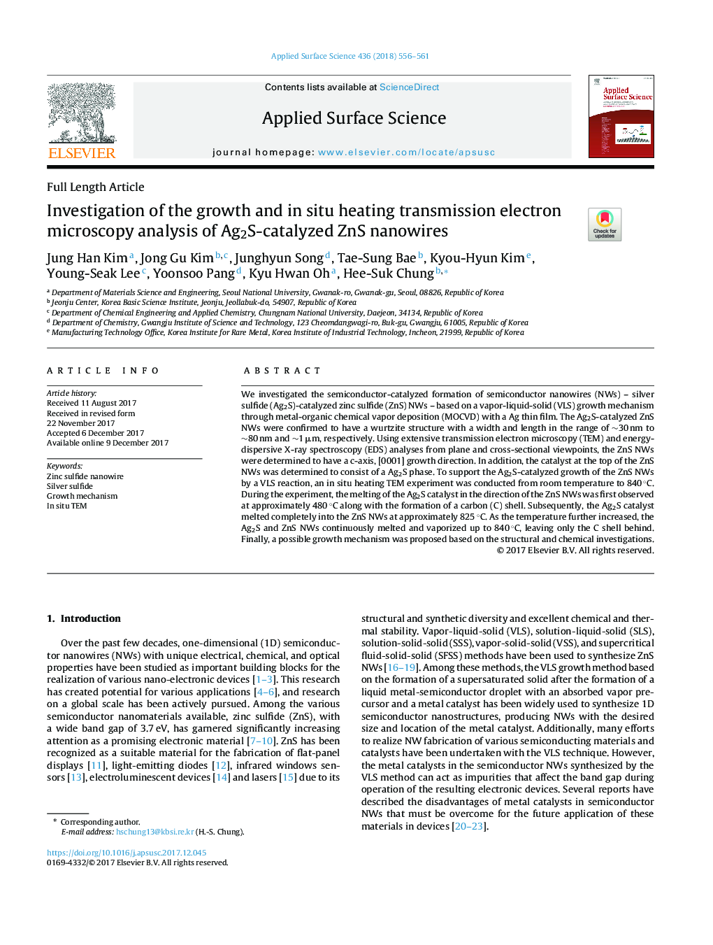 Investigation of the growth and in situ heating transmission electron microscopy analysis of Ag2S-catalyzed ZnS nanowires