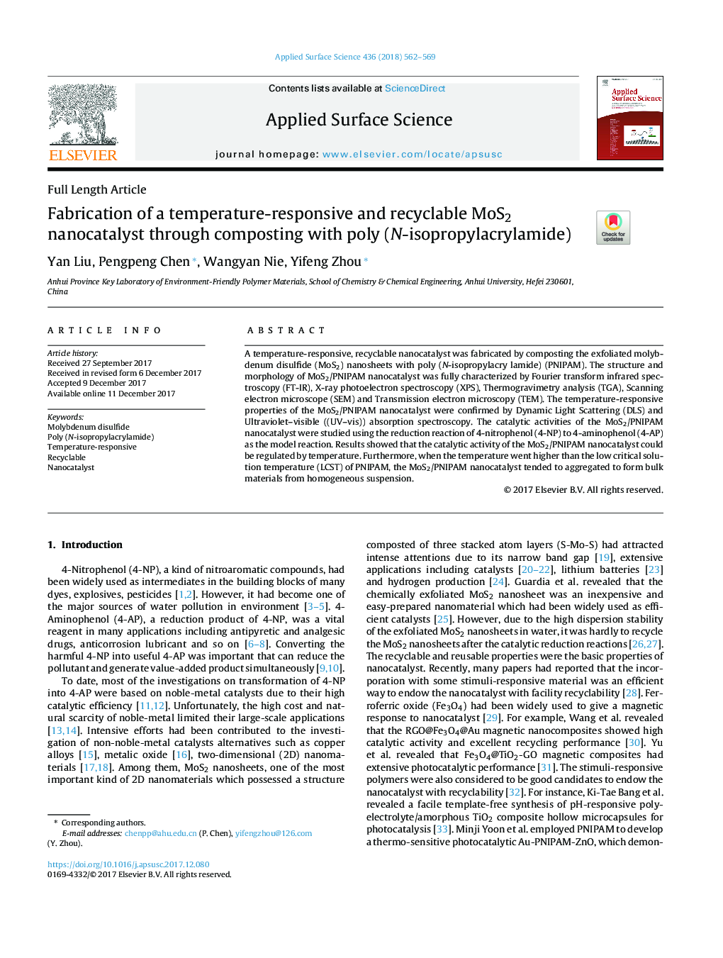 Fabrication of a temperature-responsive and recyclable MoS2 nanocatalyst through composting with poly (N-isopropylacrylamide)