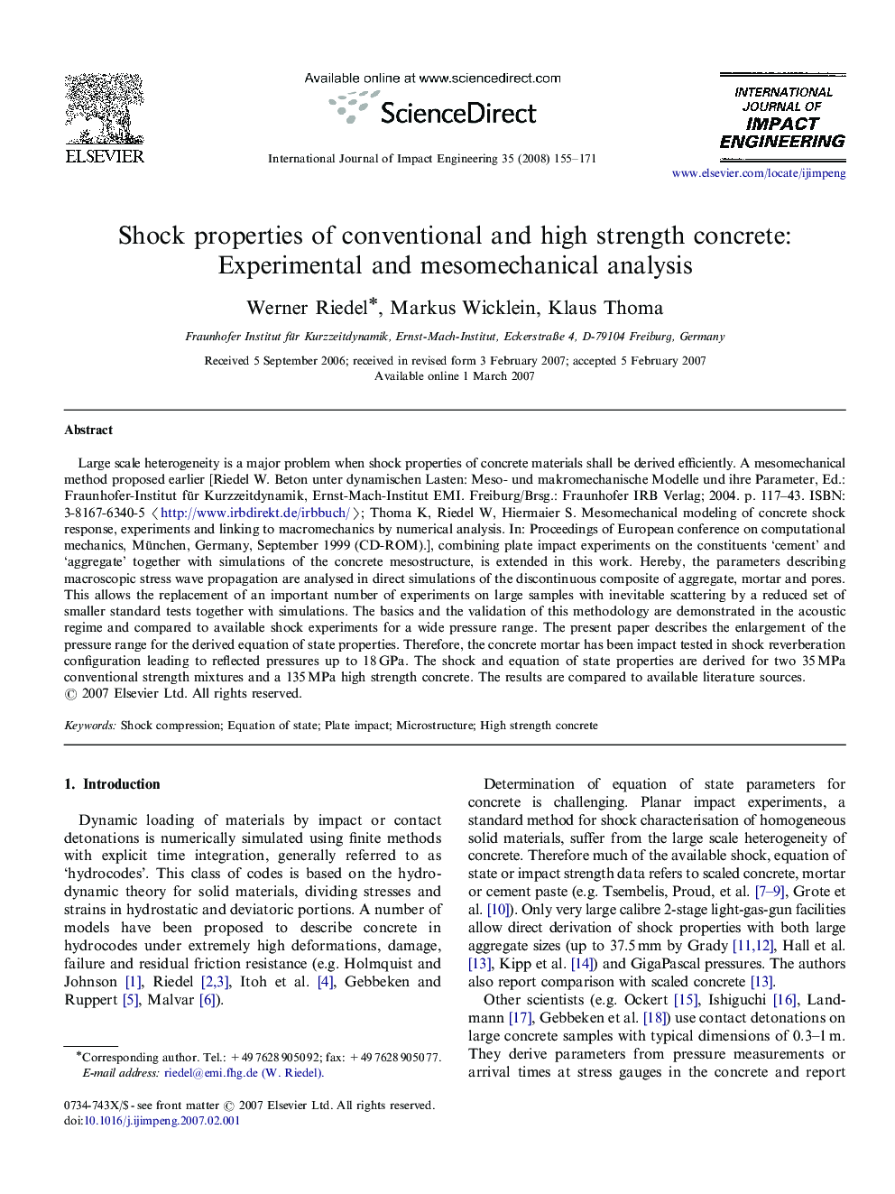 Shock properties of conventional and high strength concrete: Experimental and mesomechanical analysis